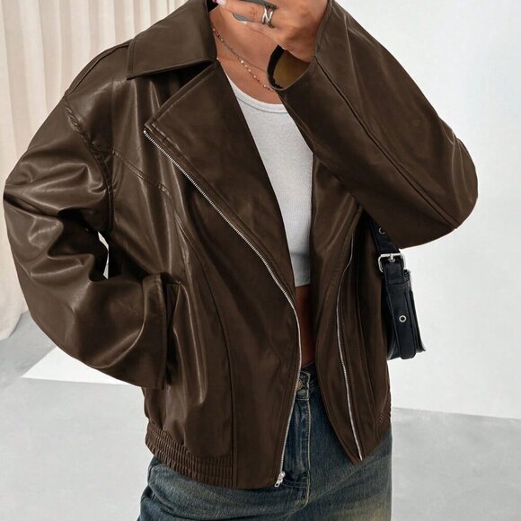 Jackets & Blazers - Coffee Brown Casual Women's Faux Leather Biker Jacket